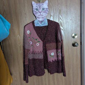 Northcrest pink, red floral embroidery cardigan, M